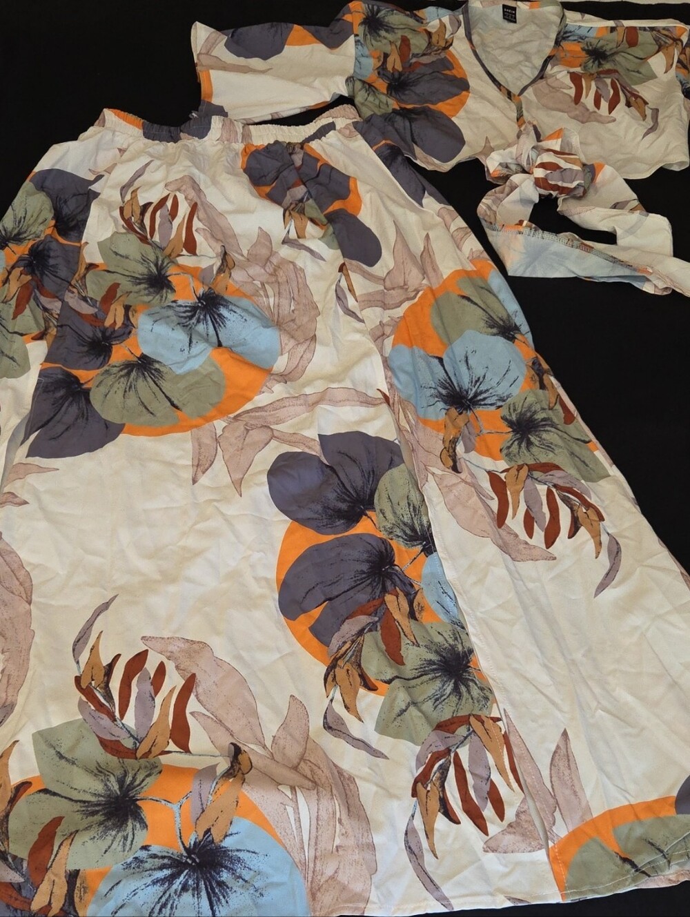 SHEIN White Floral Print Two-Piece Skirt Set with Orange, Blue & Green Accents